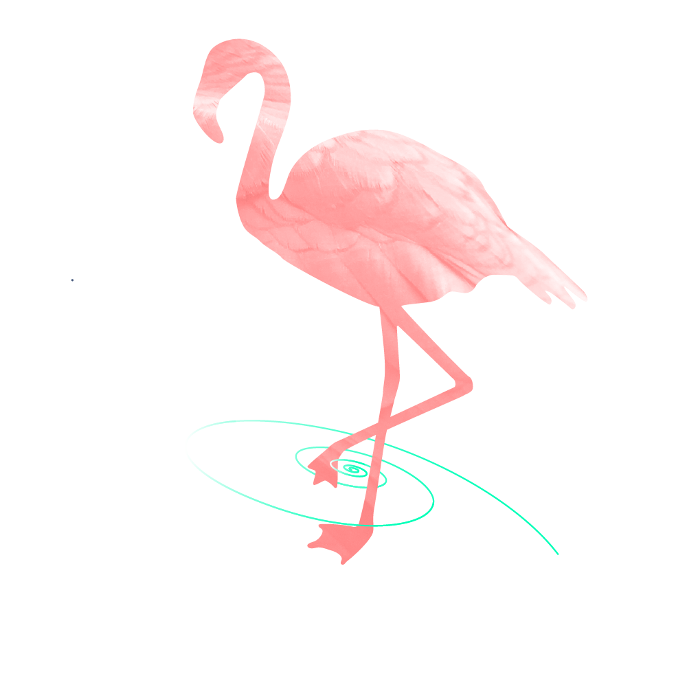 salmon colored flamingo illustration with narrow watery spiral around legs